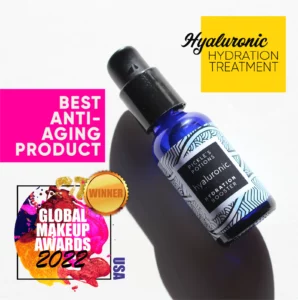 Pickle's Potions Hyaluronic Hydration Treatment bottle with Best Anti-Aging Product award from Global Makeup Awards 2022